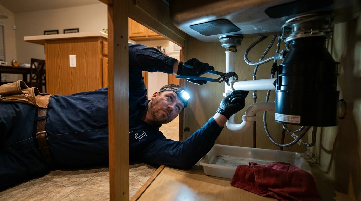 P-trap and supply line connections under a kitchen sink showing a common leak point in Boyd, TX